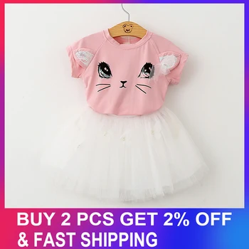 

Girls Clothing Set 2020 New Summer Cartoon Cat Short Sleeve T-shirt +Mesh Butterfly Ball Gown Dress Girl 2pcs Clothes Sets 3-7Y