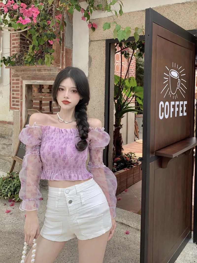 

Summer Puff Sleeve Square Neck Lace Long Sleeve Short skinny Chiffon Shirt Women