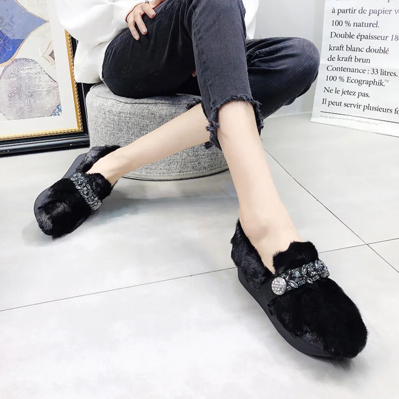 [DEAT] Round Toe Shallow Mink Fur Crystal Velvet Shoes Wedges Heels Shoes Women New Autumn Winter Fashion Tide 10F002