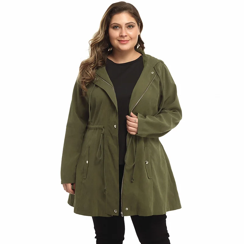 Green Coat Женские плащи размера плюс 4XL 5XL осенняя одежда для женщин с длинным рукавом на молнии с капюшоном зеленый Тренч пальто Свободное пальто для женщин тренч женский на осень uk fashion удлиненный пиджак тренч большого р - Цвет: Green Coat