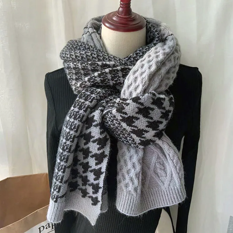 Double-sided Houndstooth Patchwork Couple Scarf Women Men 2021 Winter Korean Fashion Warm Wild Shawl Knitted Thick Scarves Lady