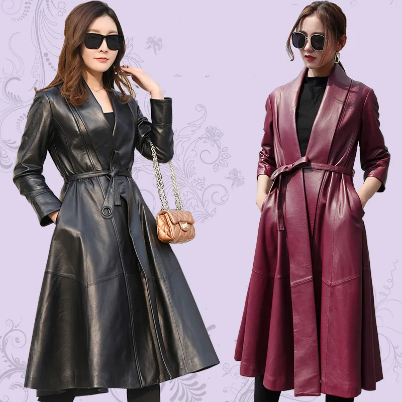 Женское длинное пальто из натуральной овечьей кожи на осень/зиму|Кожаные куртки|