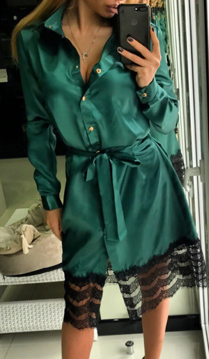 New Fashion Women Sleep Tops Autumn Winter Full Sleeve Length Solid Pattern Type Turn-down Collar Lace Decoration
