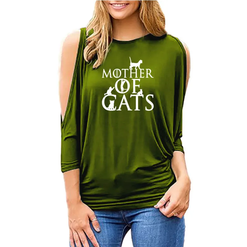 Mother of Cats Print WomenLoose shirt size with open shoulder T-shirt Cotton Casual Funny t shirt - Цвет: 13