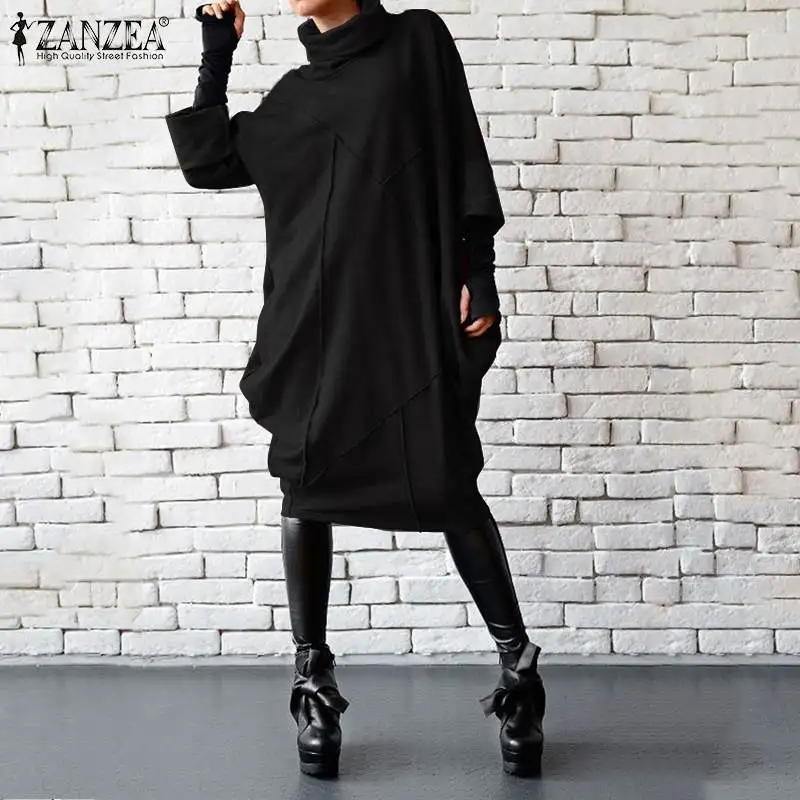 Модное женское платье с высоким воротом, ZANZEA, Осенний сарафан с длинным рукавом размера плюс, с карманами, Vestido, повседневный длинный пуловер, свободный халат, 5XL