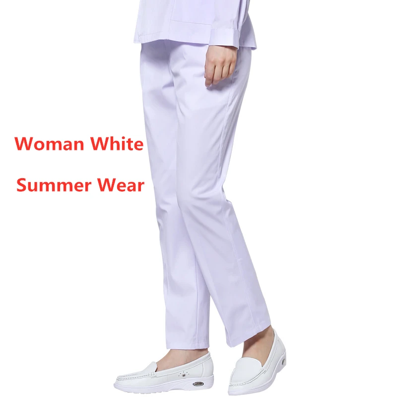 Woman White Summer Спецодежда медицинская Женская эластичная талия Больничная медсестра брюки хлопок зубные Скраб штаны для спа лето зима доктор уход низ - Цвет: Woman White Summer