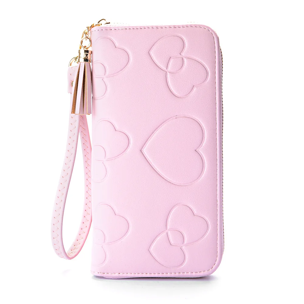 Pink Женский кошелек с длинной кисточкой, Женский кошелек с узором в виде сердца, держатель для карт, Женский кошелек на молнии, сумки для мобильного телефона для женщин, carteras de marca - Цвет: Pink