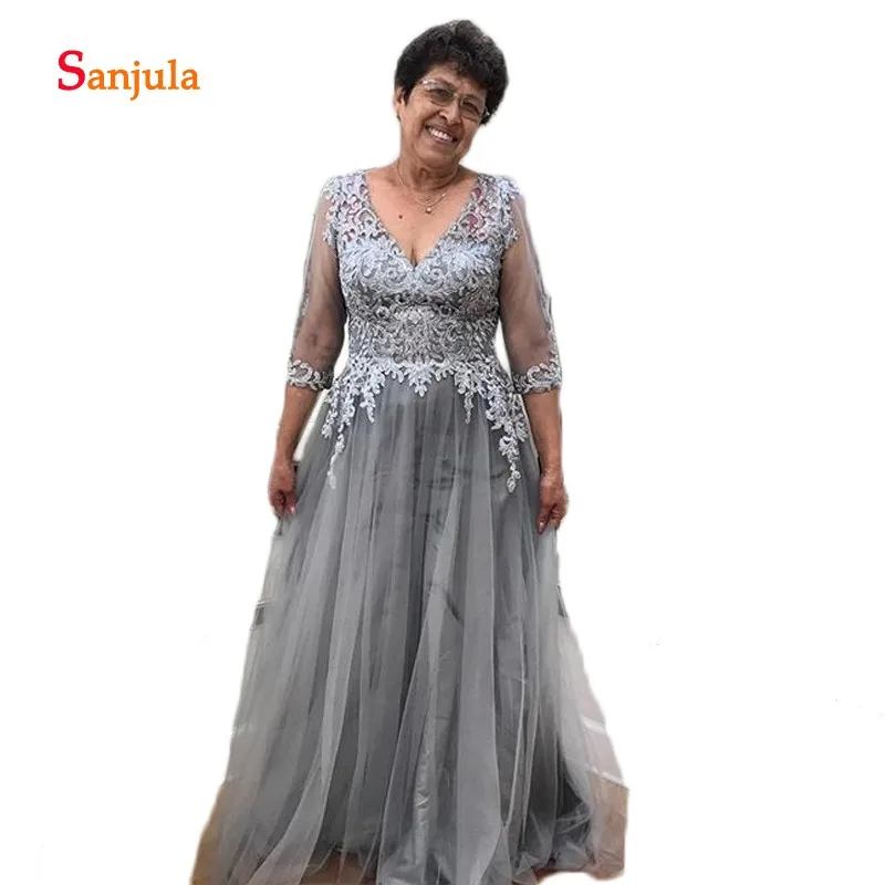 3/4 Sleeve Grey Tulle Mother of the Bride Dresses V Neck A-Line Plus Size Groom Mother Gowns Appliques vestido de madrinha D1320