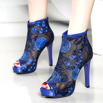 

New Women‘s Summer Boots Thin High Heel Peep Toe Breathable mesh Embroidery Ankle Boots Summer Party Shoes Woman Blue Booties