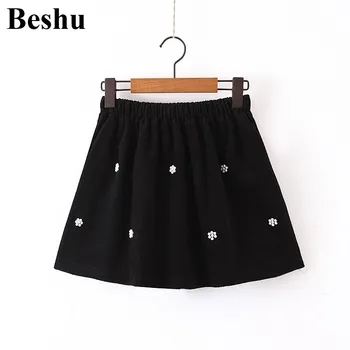 

za 2020 fashion skirt women black corduroy elastic high waist artificial pearl decoration skirt folds sweet A-line vintage mujer