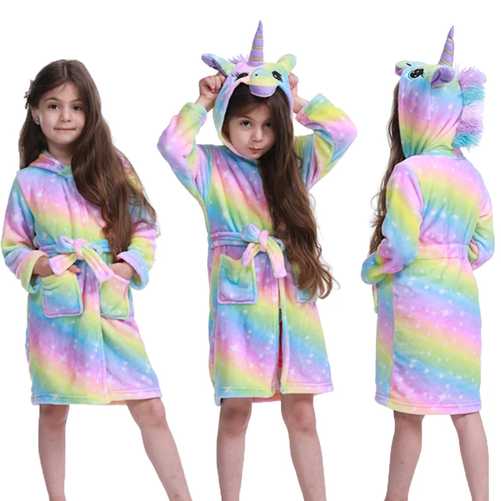 Girl Robes for Kids Winter Bathrobe Unicorn Pajamas Rainbow Pink Purple Sleepwear Girl's Dressing Gown Flannel Hooded Towel Robe baby robe and slippers Sleepwear & Robes