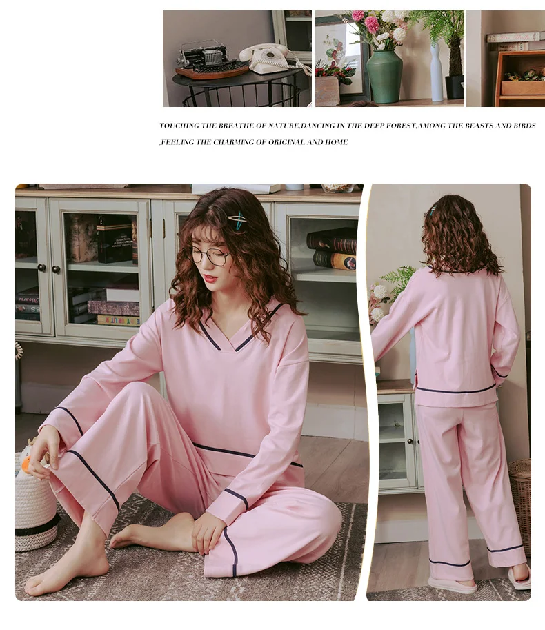 Осенние женские пижамы с v-образным вырезом, одноцветная Пижама, комплект из 2 предметов в Корейском стиле, милые пижамы Mujer, повседневная хлопковая одежда для сна, домашняя одежда 3XL