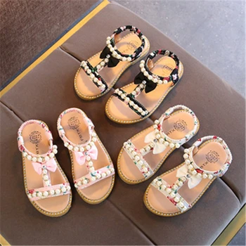 

NEW 2020 Summer Children sandals Beaded Bowtie Fashion Girls Beach shoes Non-slip Flats Baby Princess shoes 02A