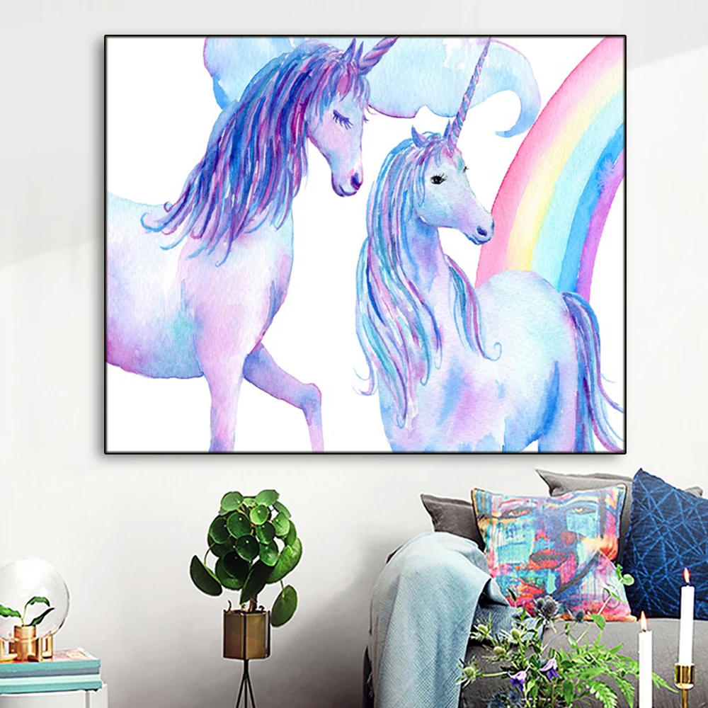 Единороги и радужные украшения холст живопись каллиграфия картинки для гостиной