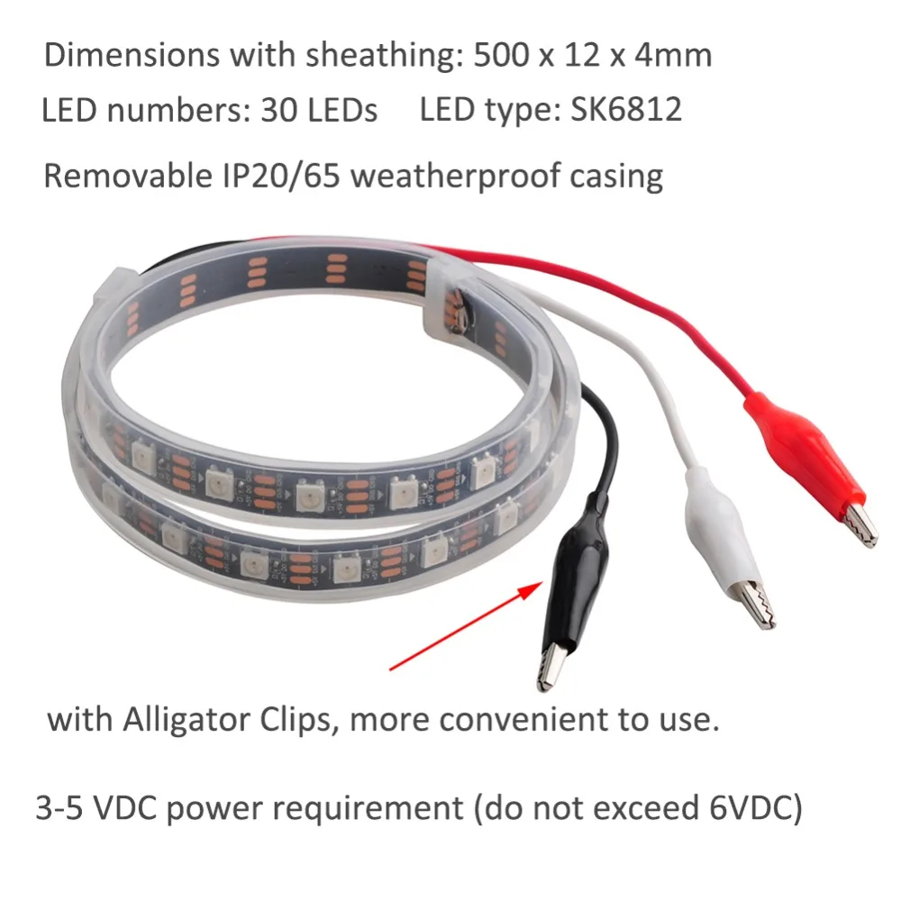 Светодиодная лента с зажимами типа крокодил 30 светодиодов 0 5 метров черная