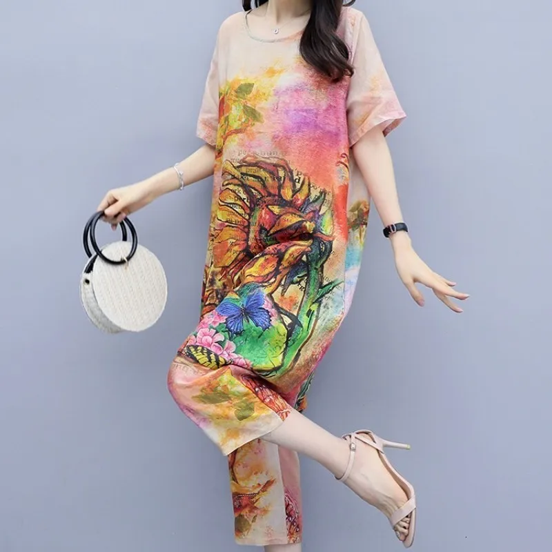 

Street Loose Fit Printed Short Sleeve T-Shirt Elastic Waist Calf Length Pants 2 Piece Set Summer Fashion Wide Leg Pants Set 3XL