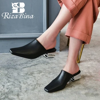 

RIZABINA Size 34-43 Fashion Women Sandals Shoes Square Toe Slippers Ladies' Genuine Leather Shoes Women Modern Heels Footwear