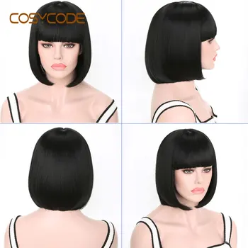 

COSYCODE 12 inch Short Black Bob Wigs with Bangs Straight Non-Lace Synthetic Cosplay Wigs Costume 30 cm