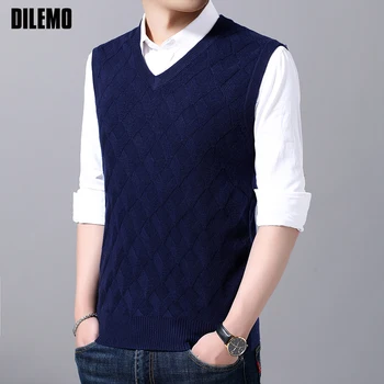 

New Fashion Brand Sweaters Men Pullover Vest V Neck Slim Fit Jumpers Knitwear Winter Jacquard Sleeveless Casual Mens Clothes