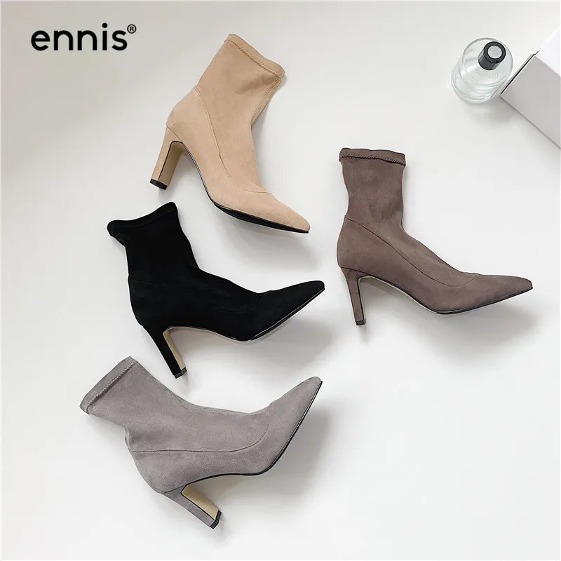 ENNIS/ г. Модные замшевые эластичные ботинки Осенняя обувь с острым носком ботинки на высоком каблуке женские зимние сапоги без застежки A9149