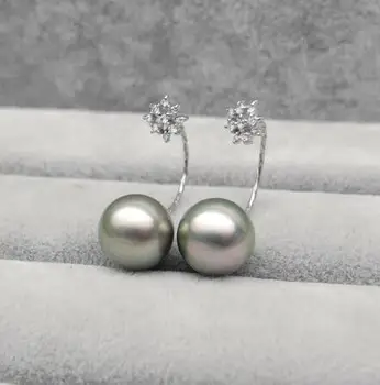 

Free Shipping Gorgeous AAA 10.9mm Silver Green Tahitian Pearl Diamond Earrings 18k White Gold