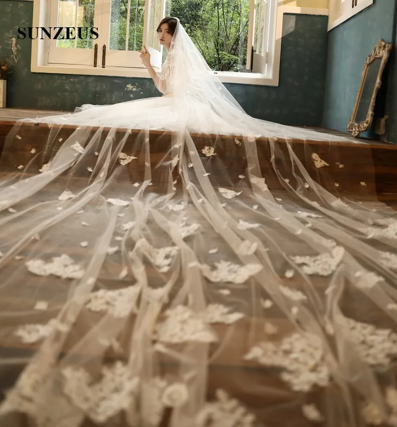 Вуаль с аппликацией для невесты, 4M, Длинная свадебная вуаль цвета слоновой кости/шампанского, новинка, вуаль для свадьбы, вуаль для взрослых LVV03
