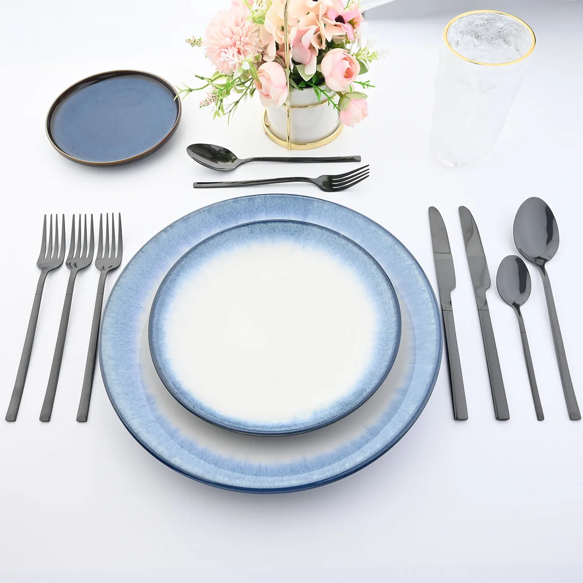JANKNG Mirror Black Cutlery Set Stainless Steel Dinnerware Set Luxury Fork Knife Flatware Dinner Silverware Tableware for 1