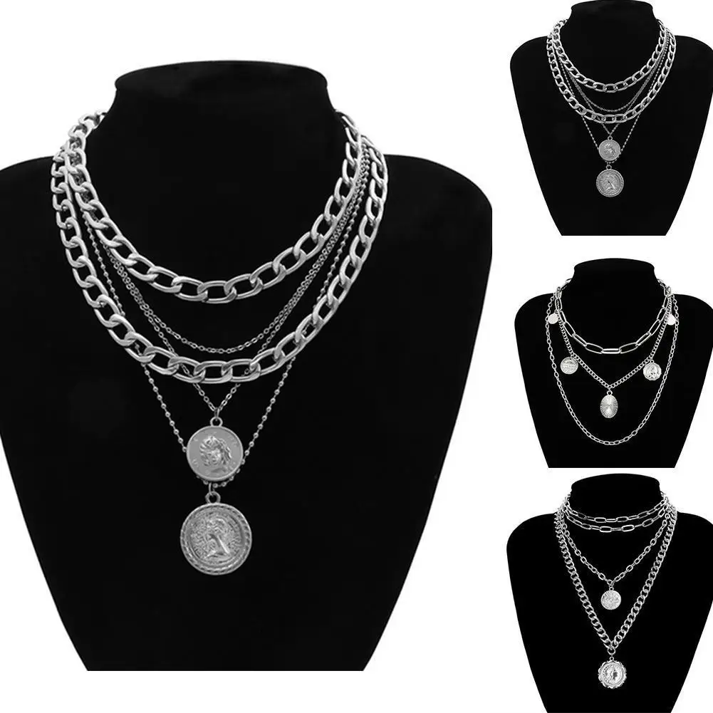 

1pcs Multi Layer Curb Vintage Bead Choker Alloy Portrait Curb Pendant Jewelry For Women Layer Carved Necklaces Multi Coin Y2P5