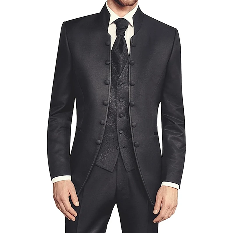 89 Black Tunic Groom Tuxedos for Wedding Retro Slim Fit Men Suits with Stand Collar Double Breasted 3 Piece Set Jacket Pants Vest