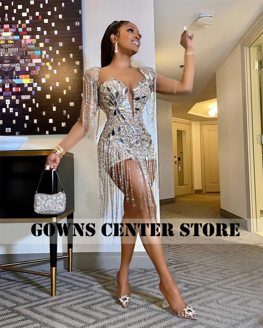 Silver Celebrity Prom Dresses For Black Girls Long Sleeve Crystal Tassels Birthday Party Dress Mini Cocktail Gown African robe