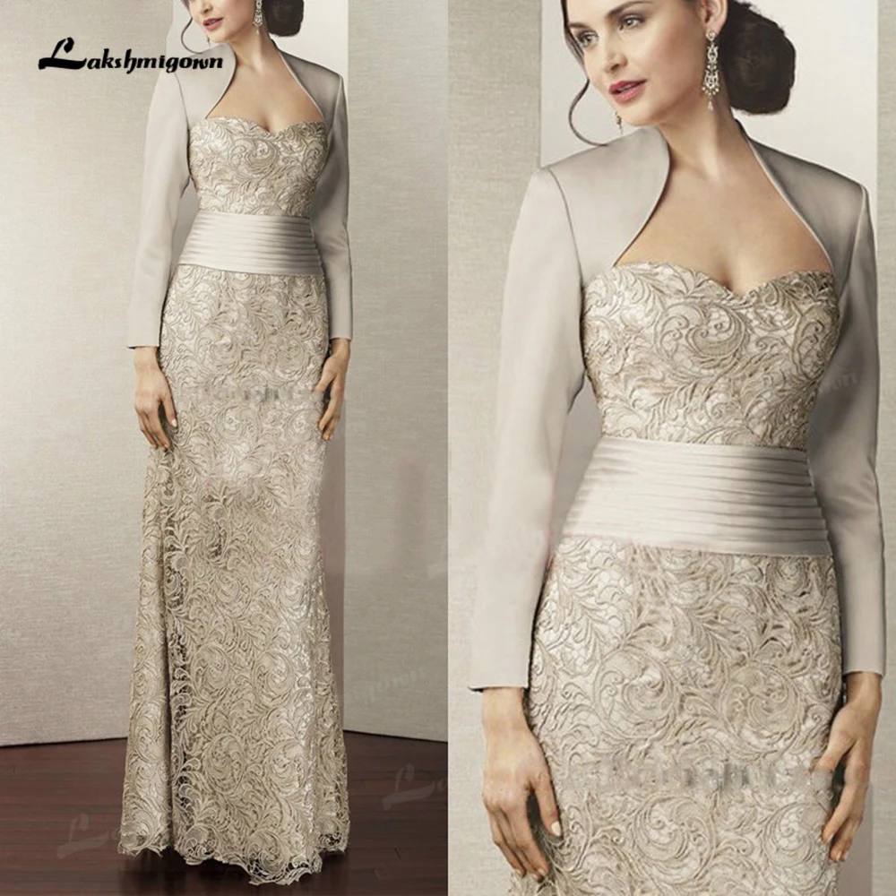 Mother Bride Dresses Modern Lace Long Sleeves Satin Formal Evening Gown for Wedding Party