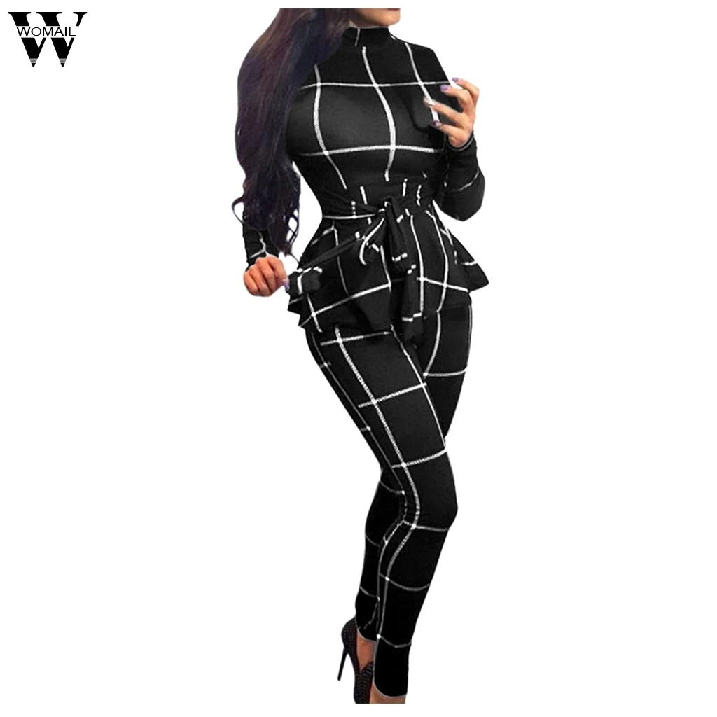 

Womail Autumn Casual Office Wear formal Overalls For Women Elegant Casual Plaid Printed Long Sleeve Jumpsuit Pencil Pants