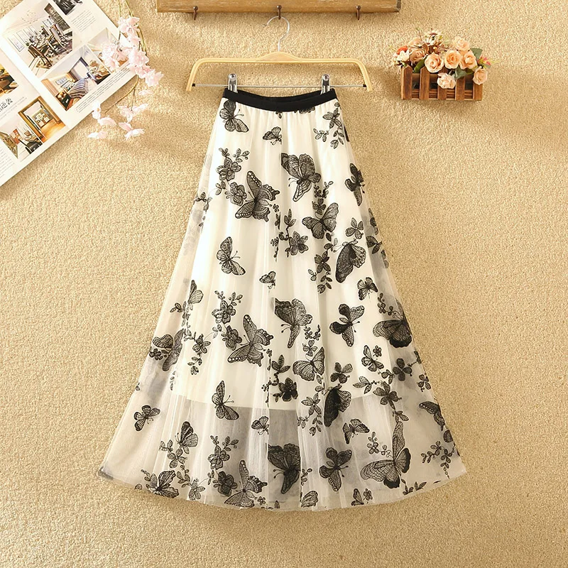 

High Quality Embroidered Skirts Womens 3 Layers Mesh Gauze Skirt Sweet Ladies Tulle Long Skirt High Waist Pleated Skirts Y186