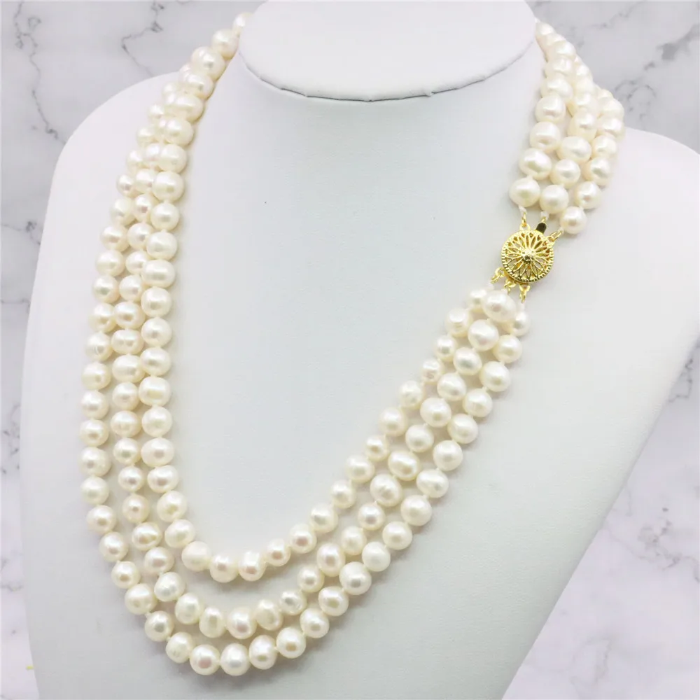 3 Rows 7-8MM White Akoya Cultured Pearl Choker Necklace 18'' 