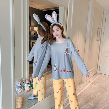 

Autumn Cartoon Grey Radish Rabbit Long Sleeve Women Pajamas Set Large Size Sleep Wear Tops Pants 2 Piece Suit Female Pyjamas Set