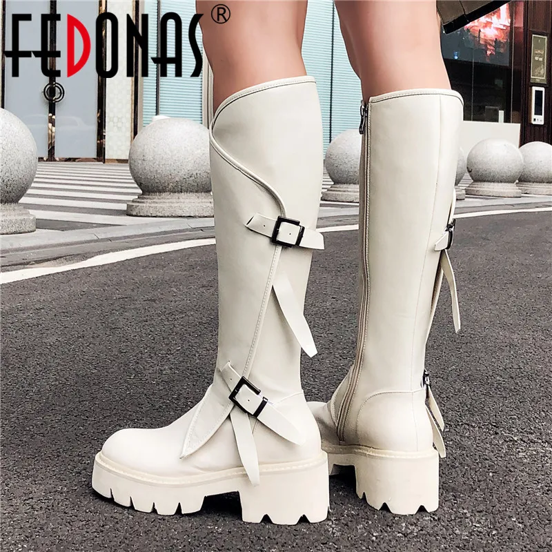 FEDONAS/высококачественные женские сапоги до колена из натуральной кожи; обувь в стиле панк; мотоботы на платформе; обувь для вечеринок; женские сапоги; большие размеры
