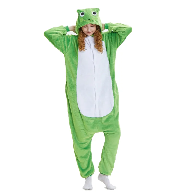Frog Kigurumis Onesie Animal Cartoon Pajama Adult Women Girl Sleepwear Flannel Soft Warm Winter Overall Festival Party Suit