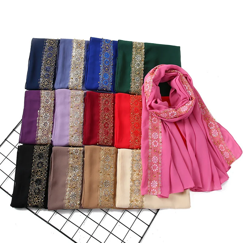 

Summer Premium Chiffon Scarves Women Muslim Hijabs Turban Islamic Headscarf Shawl Beaded Lace Stripe Flower Head Wrap 180x80cm