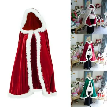 

1.2m Christmas NEW Women Hooded Cloak Capes Red Velvet Santa Claus Deluxe Cloak Cape with white Fluffy Trim Winter Warm Overcoat