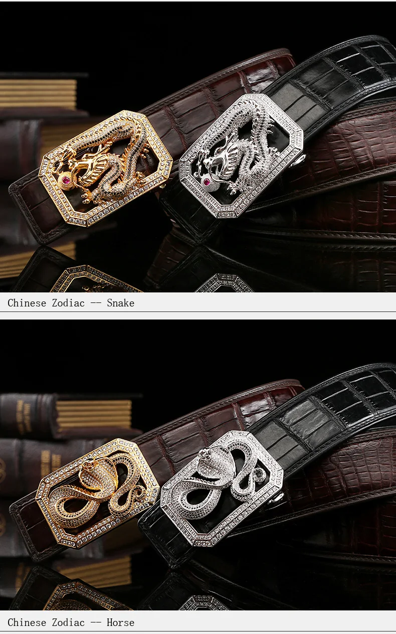 McParko Crocodile Belt Mens Leather Belts With Buckle Luxury Animal Design Genuine Leather Waist Belt with rhinestones Buckle