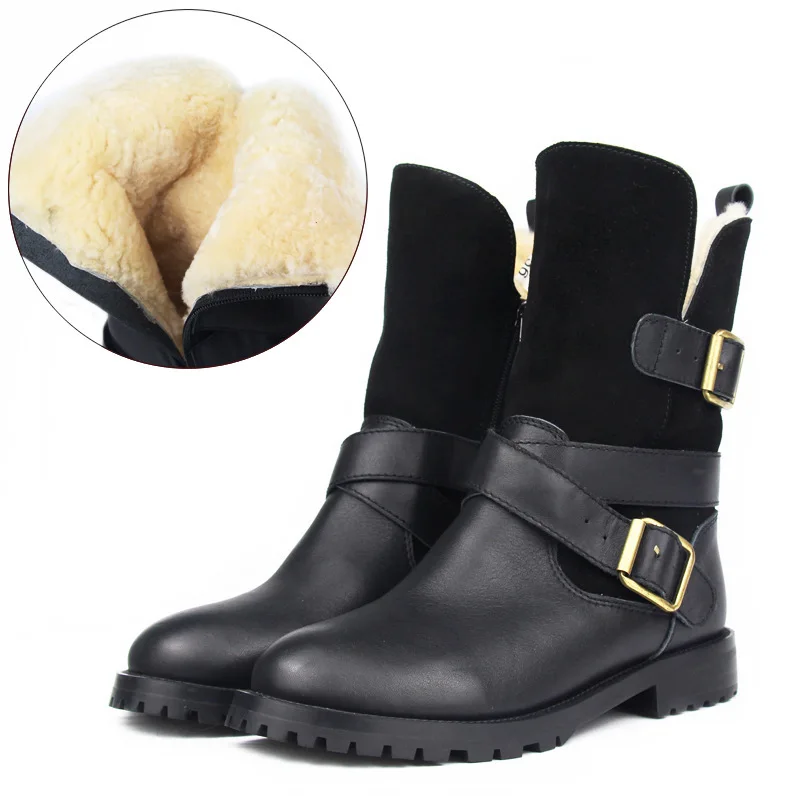 

Genuine Leather Mid-Calf Snow Boots Woman Shoes Winter Casual Buckle Strap Side Zip Warm Fur Booties Black Botas Mujer 35-40