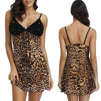 

Sexy Women Leopard Lace Stitching Patchwork Pajama Beauty Back Deep V Mini Sleep Dress Nightgown Night Dress