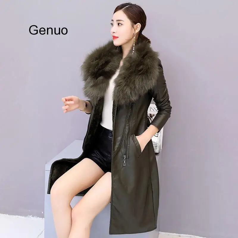 Women's Leather Jacket For Winter 2019 New Plus Velvet Warm Slim Big Fur Collar Long Leather Coat Female Outerwear M-4XL