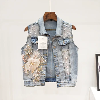 

2020 Spring Autumn New Jeans Jackets Beads Embroidery Flowers Denim Waistcoat Women's Short Sleeveless Vest Tops Students Coats