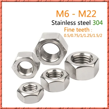 

50pcs/lot m6-m22 Stainless steel Fine teeth hex nut Pitch 0.5/0.75/1/1.25/1.5/2 external hex bright very fine screw thread nuts