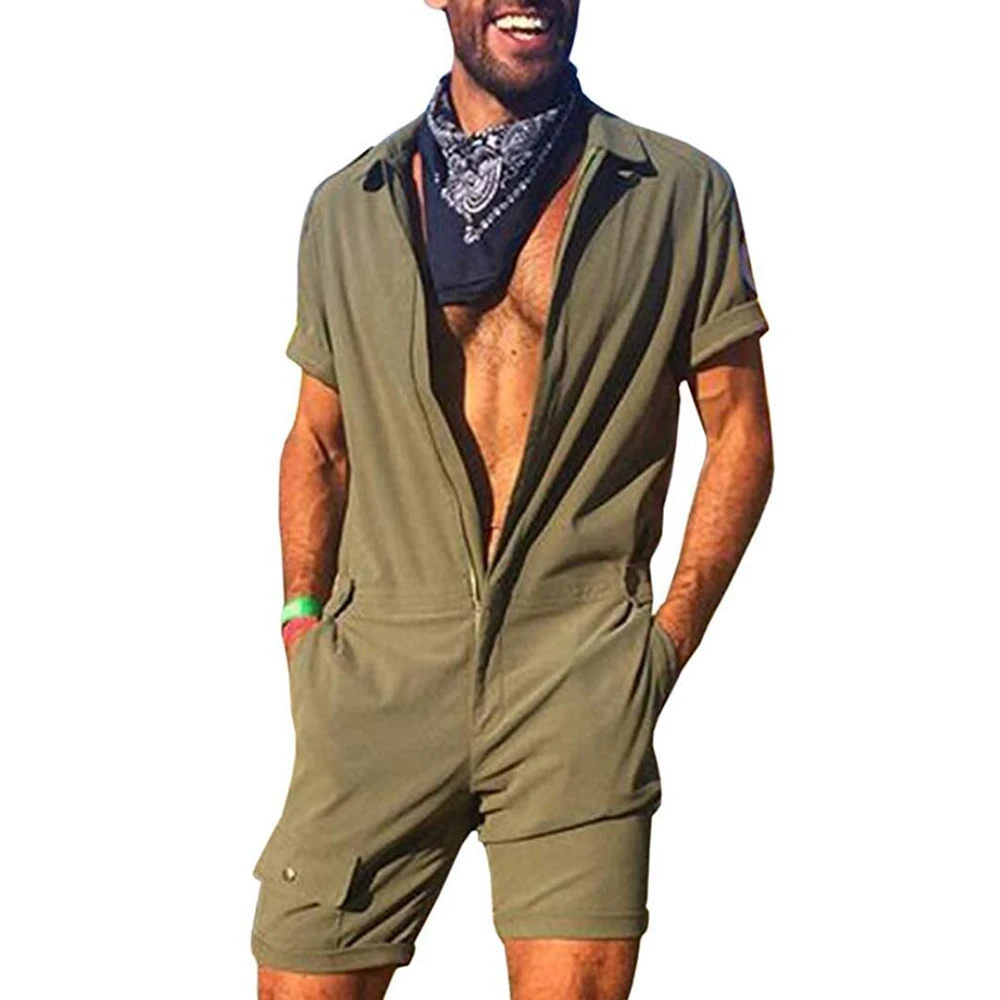 

Men Short Romper Summer Fashion Soild Color Short Sleeve Black Jumpsuit Casual Zipper Decor Side Pockert Short Pants D30