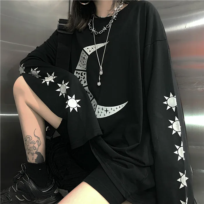 Woherb Harajuku BF с круглым вырезом футболка с длинным рукавом для женщин с рисунком Луны, Повседневное свободные топы Для женщин уличная Camiseta Feminina 91481