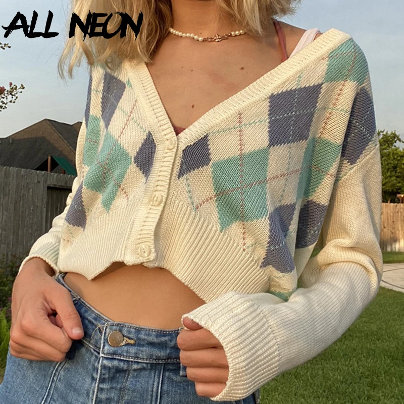 

ALLNeon Y2K Aesthetics Argyle Plaid White Knitted Cardigans E-girl Vintage 90s Streetwear Single-breasted V-neck Sweaters Fall