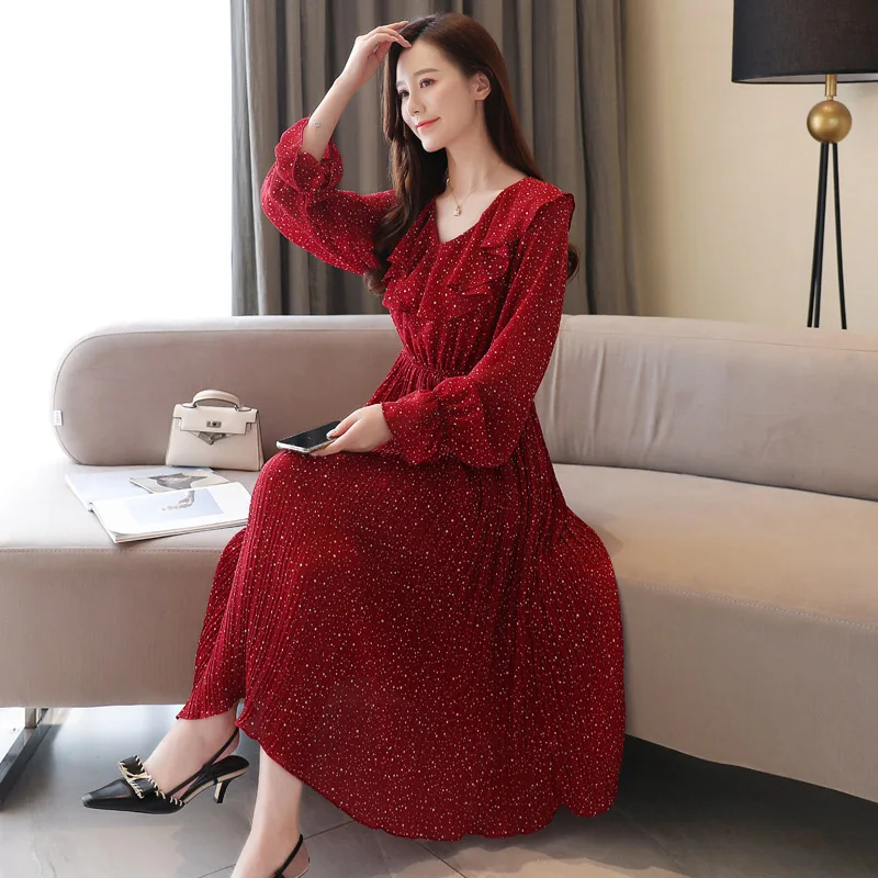 Шифоновые платья с длинным рукавом Весна Осень 2020 новое Длинное свободное