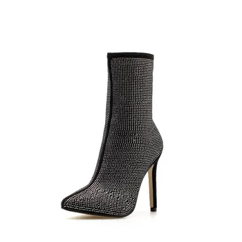 

Autumn and winter new pointed rhinestone fine ultra-high heel boots women's boots large size 35-42